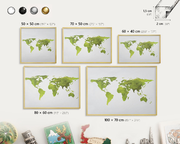 Metal magnet board with a gold frame Green map
