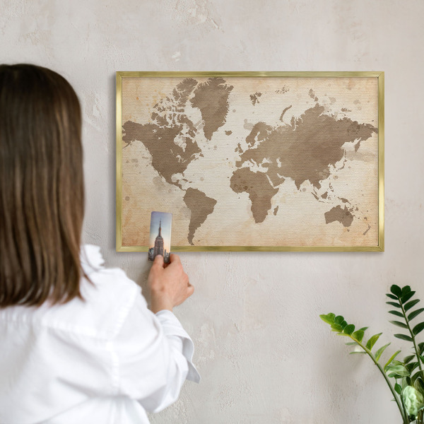 Magnetic board for magnets in a gold frame World map