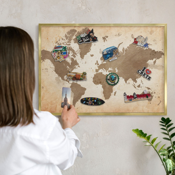 Magnetic board for magnets in a gold frame World map