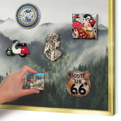 Metal magnet board with a gold frame Green mountains