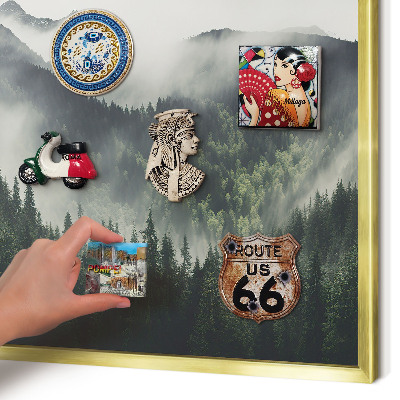 Metal magnet board with a gold frame Green mountains