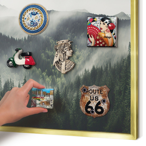 Metal magnet board with a gold frame Green mountains