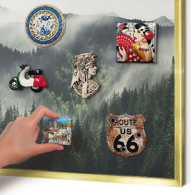 Metal magnet board with a gold frame Green mountains