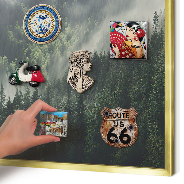 Metal magnet board with a gold frame Green mountains
