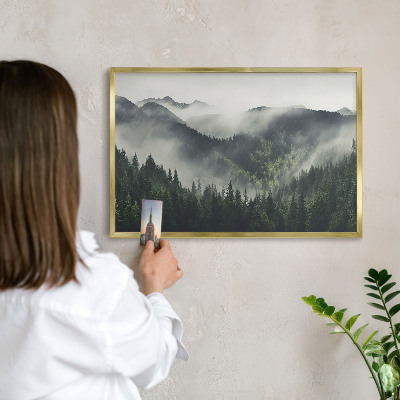 Metal magnet board with a gold frame Green mountains