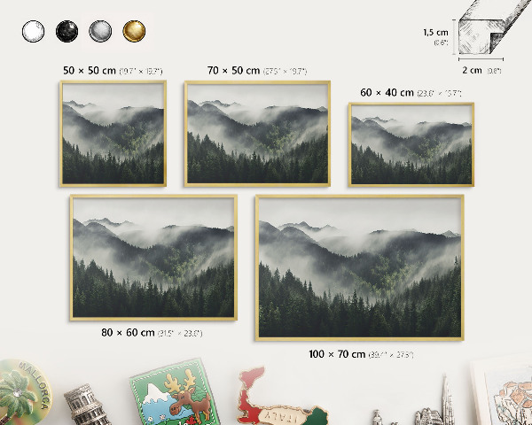 Metal magnet board with a gold frame Green mountains