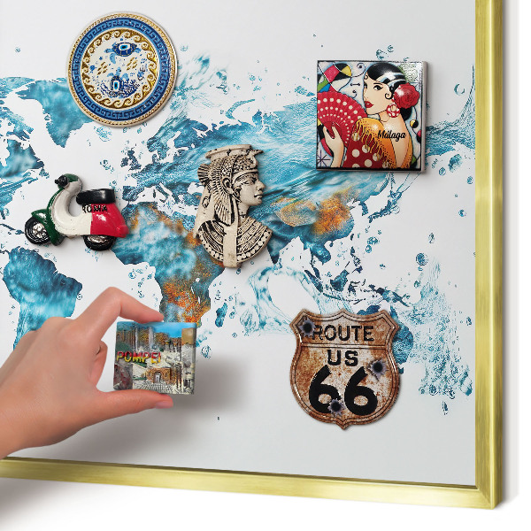 Metal magnet board with a gold frame Water map