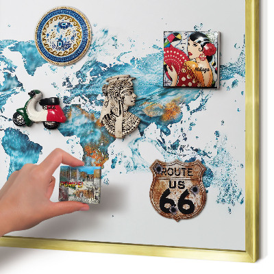 Metal magnet board with a gold frame Water map