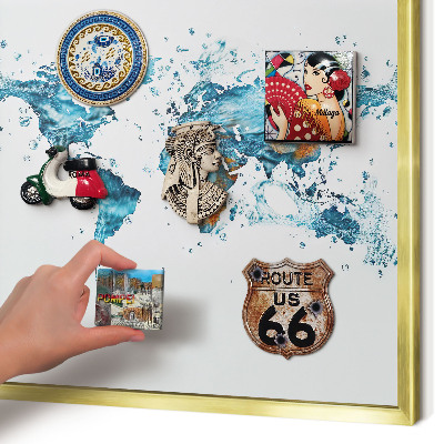 Metal magnet board with a gold frame Water map