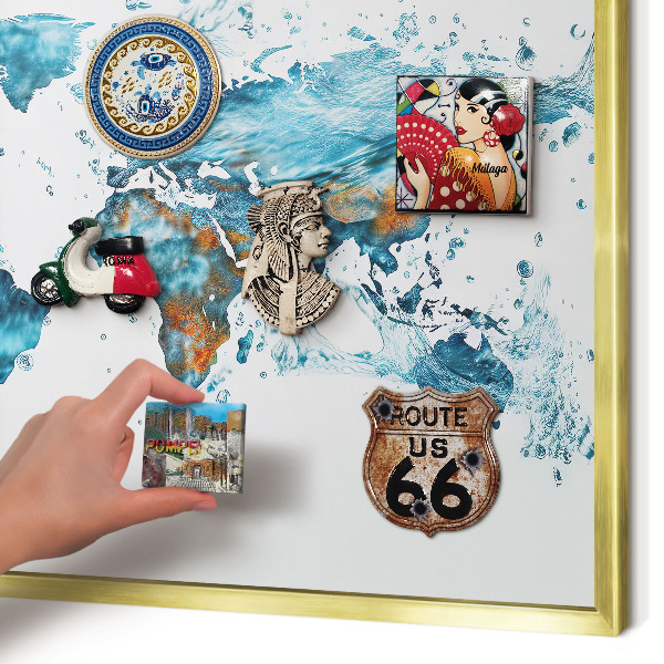 Metal magnet board with a gold frame Water map