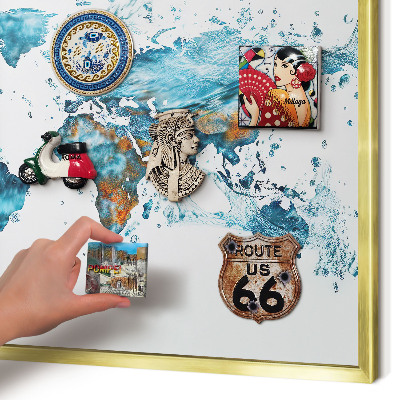 Metal magnet board with a gold frame Water map