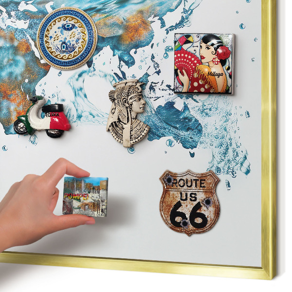 Metal magnet board with a gold frame Water map