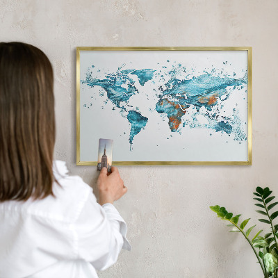 Metal magnet board with a gold frame Water map