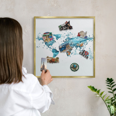 Metal magnet board with a gold frame Water map