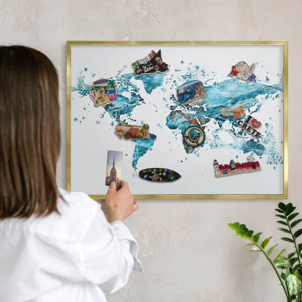 Metal magnet board with a gold frame Water map