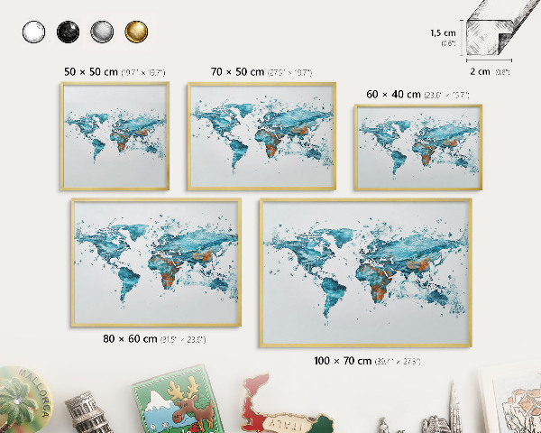 Metal magnet board with a gold frame Water map