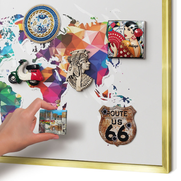 Metal magnet board with a gold frame World map