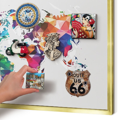Metal magnet board with a gold frame World map