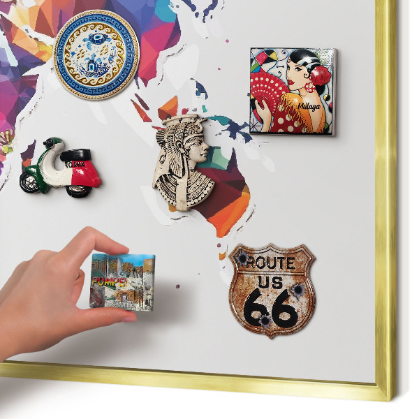 Metal magnet board with a gold frame World map