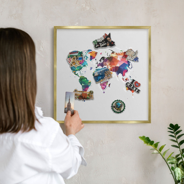 Metal magnet board with a gold frame World map