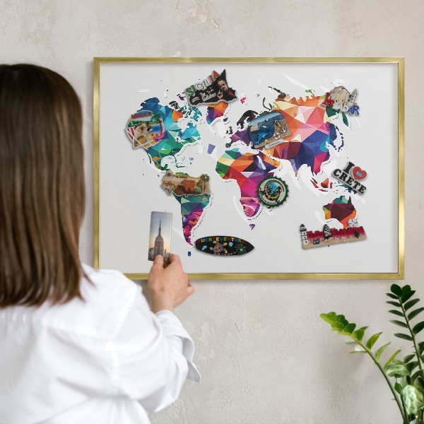 Metal magnet board with a gold frame World map