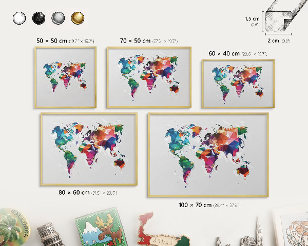 Metal magnet board with a gold frame World map