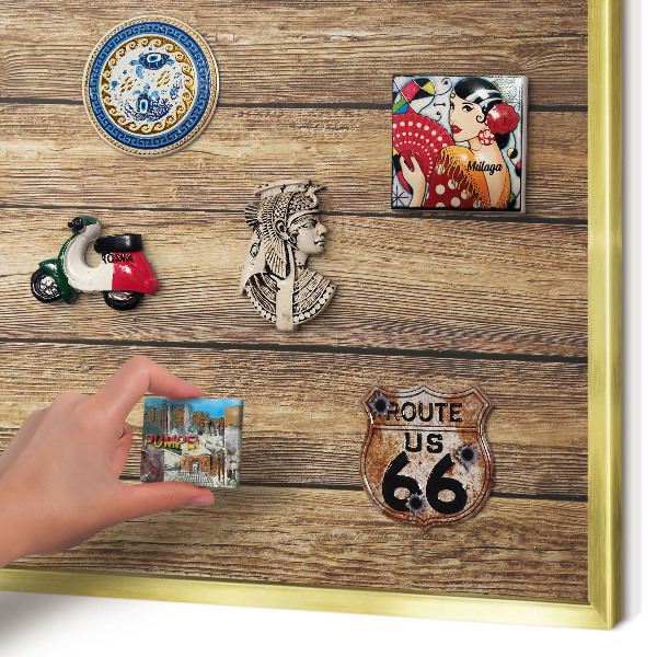 Metal magnet board with a gold frame Wooden texture