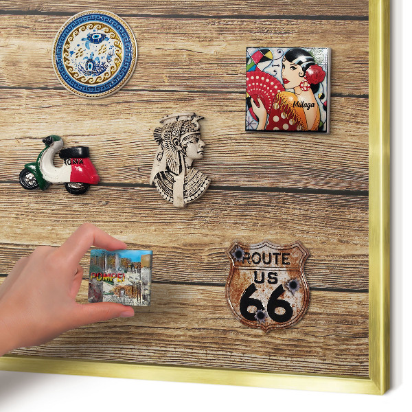 Metal magnet board with a gold frame Wooden texture