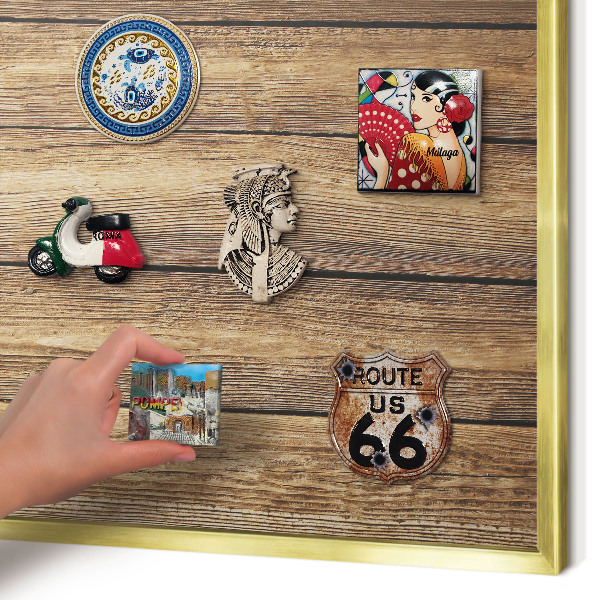 Metal magnet board with a gold frame Wooden texture