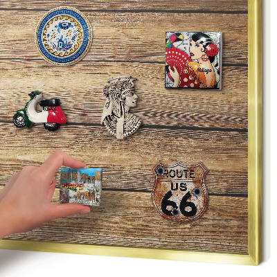 Metal magnet board with a gold frame Wooden texture