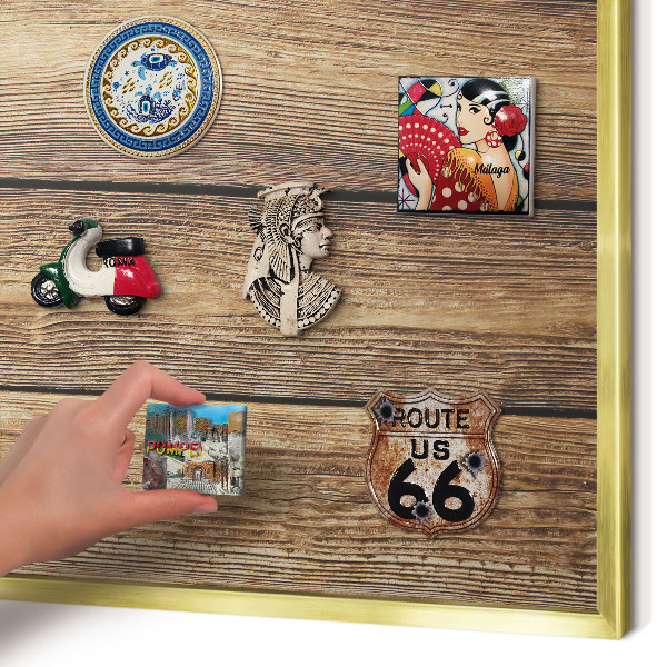 Metal magnet board with a gold frame Wooden texture