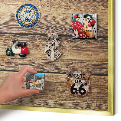 Metal magnet board with a gold frame Wooden texture