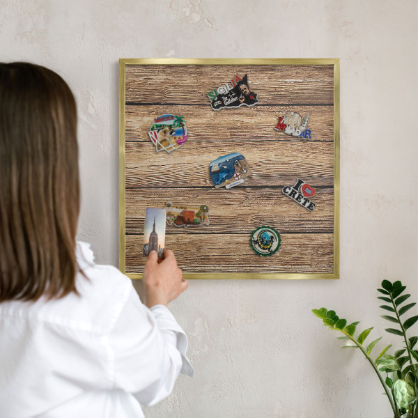 Metal magnet board with a gold frame Wooden texture