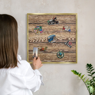 Metal magnet board with a gold frame Wooden texture