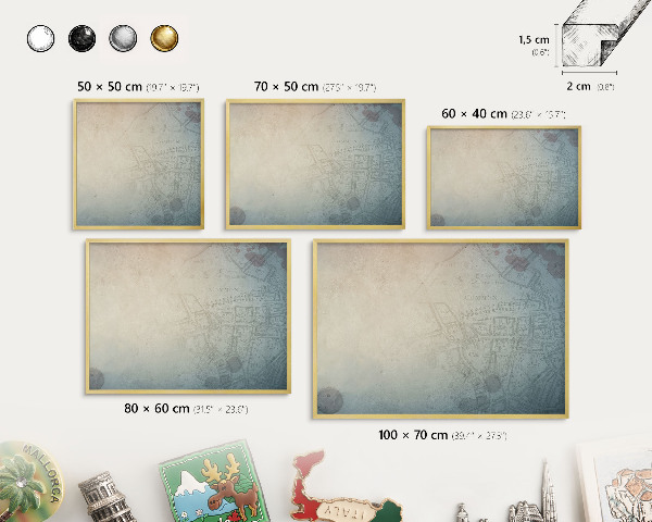 Metal magnet board with a gold frame Old map