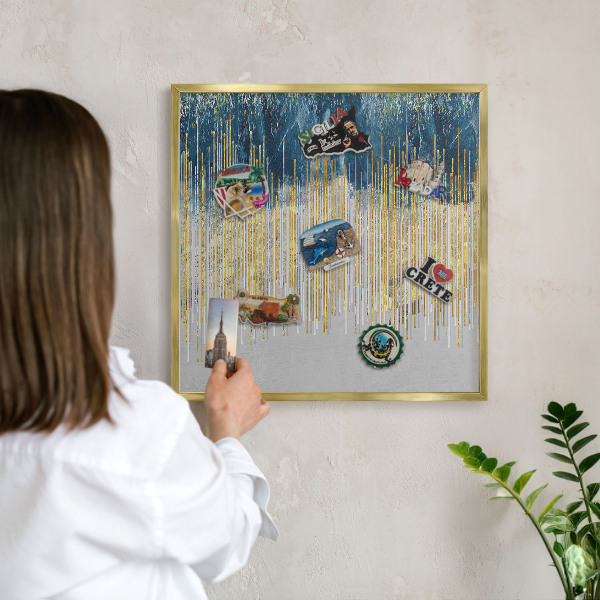 Metal magnet board with a gold frame Abstract forest