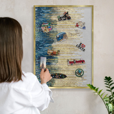 Metal magnet board with a gold frame Abstract forest