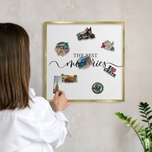 Metal magnet board with a gold frame Inspiring memories
