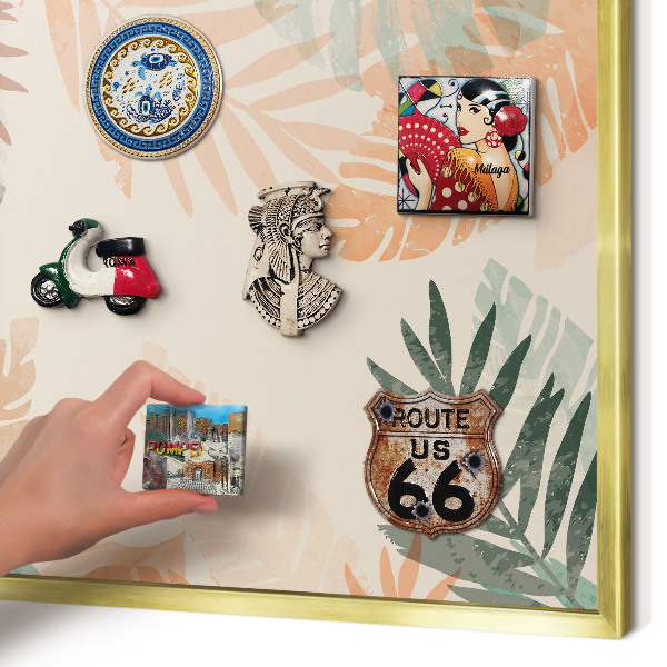 Metal magnet board with a gold frame Tropical leaves