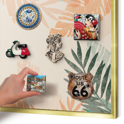Metal magnet board with a gold frame Tropical leaves