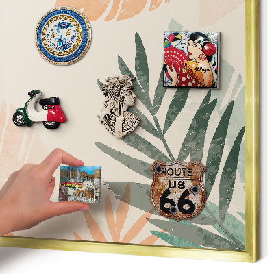 Metal magnet board with a gold frame Tropical leaves