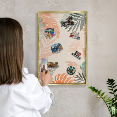 Metal magnet board with a gold frame Tropical leaves