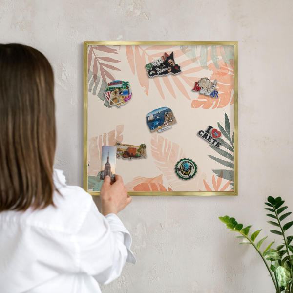 Metal magnet board with a gold frame Tropical leaves