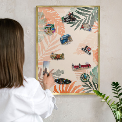 Metal magnet board with a gold frame Tropical leaves