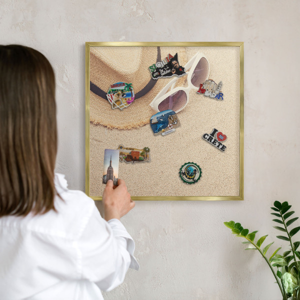Metal magnet board with a gold frame Summer beach
