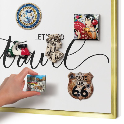 Metal magnet board with a gold frame Let's travel together