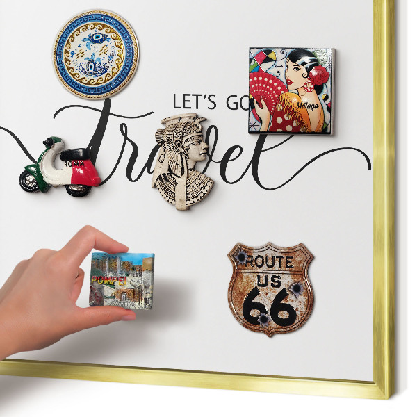 Metal magnet board with a gold frame Let's travel together