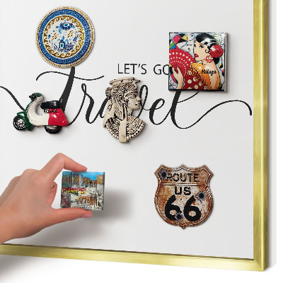 Metal magnet board with a gold frame Let's travel together