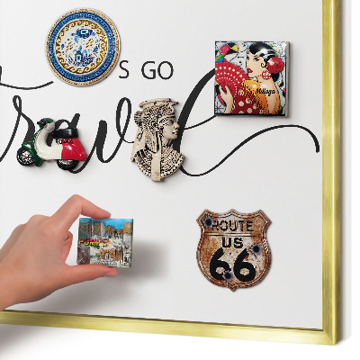 Metal magnet board with a gold frame Let's travel together