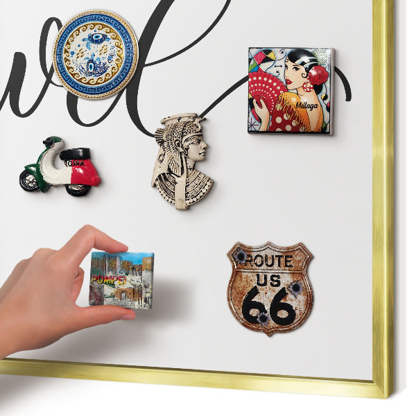 Metal magnet board with a gold frame Let's travel together